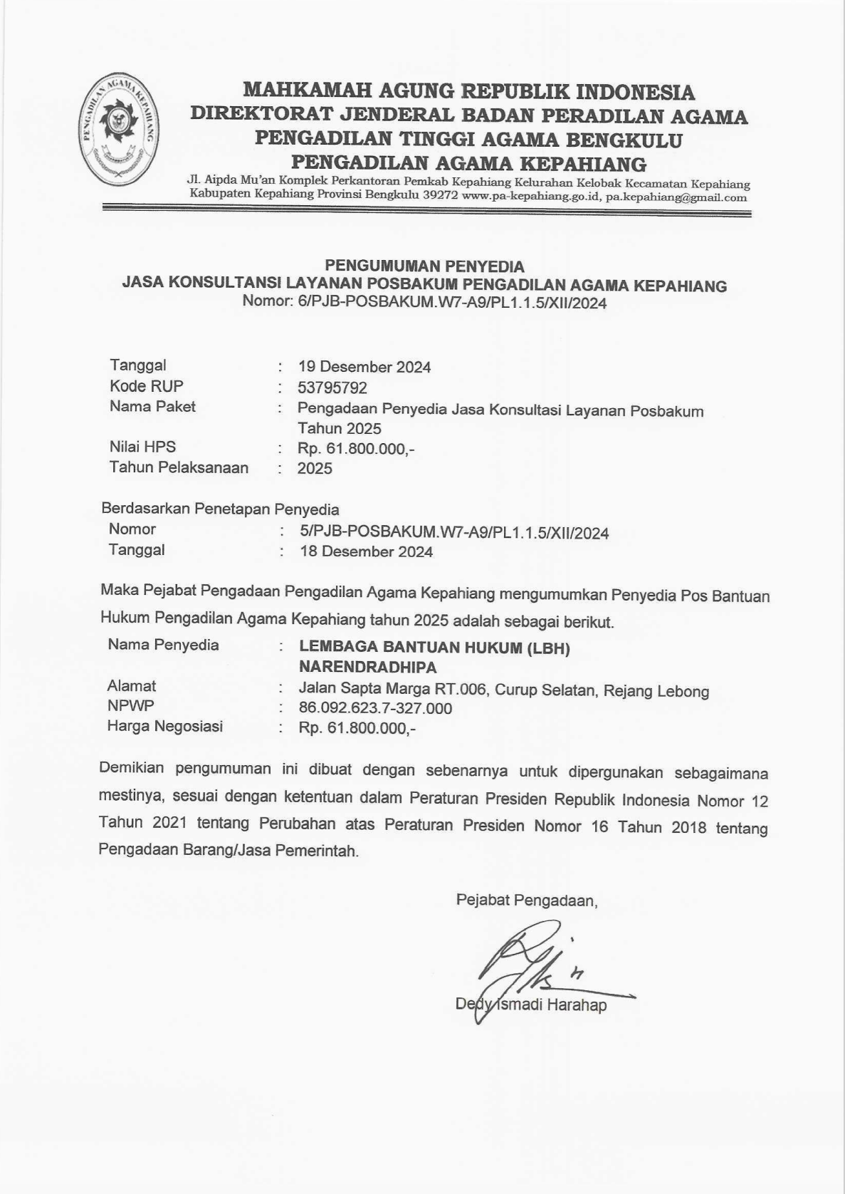 pemenang penyedia posbakum